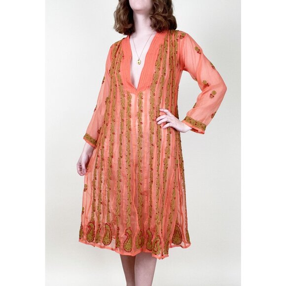 Vintage Embroidered Swimsuit Cover Up Midi Dress Sheer Coverup Beach Boho Light - Picture 1 of 6